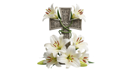 Ornate cross with white lilies and green vine white flowers