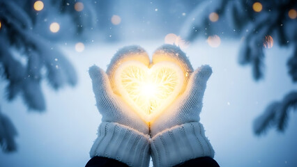 Gloved hands holding a glowing heart