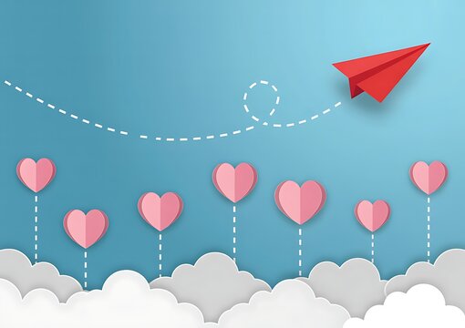 Colorful illustration of paper airplane flying over hearts in the sky with clouds - Powered by Adobe