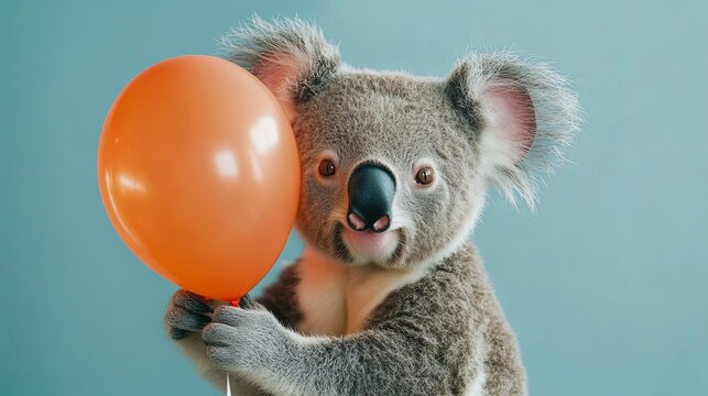 Koala holding balloon with curious face .