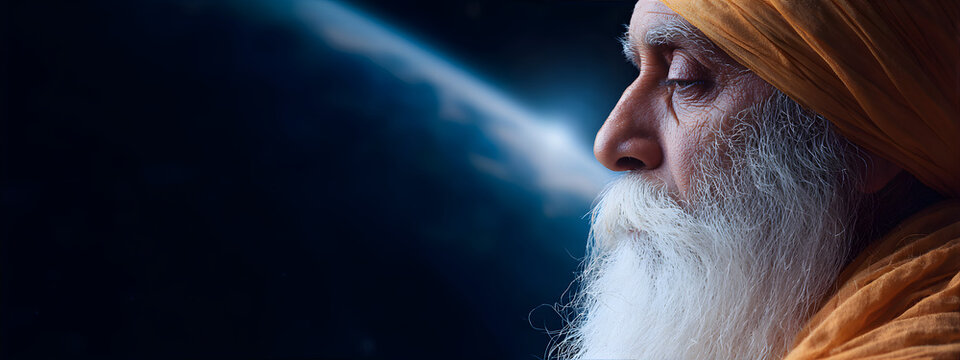 Ancient Guru Nanak with white beard looking away. Sikhism founder concept and spiritual wisdom. Guru Nanak birthday celebration for religious teachings.
