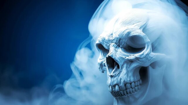 Mysterious creature with skull in smoke under the blue, A mysterious creature with a skull emerges from swirling smoke against a blue background