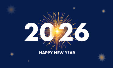 Happy new year 2026 greeting card illustration with winter snow, light decoration, and star symbols for holiday celebration design.