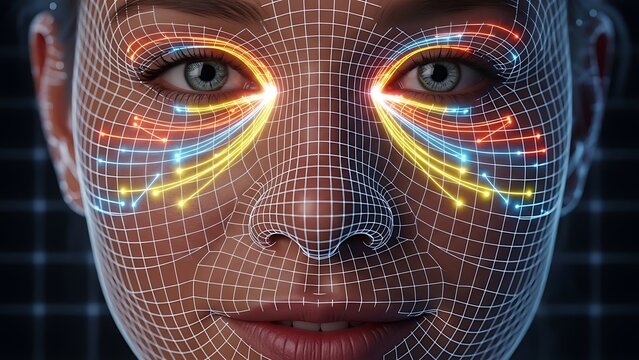 AI Facial Recognition: Human Face with Digital Wireframe Grid and Luminous Data Flow around Eyes, Representing Biometric Technology & Cybernetic Vi... - Powered by Adobe