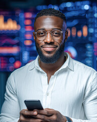 Fototapeta premium A confident man in a white shirt holds a smartphone, smiling against a backdrop of digital data and graphs, suggesting a tech-savvy environment.