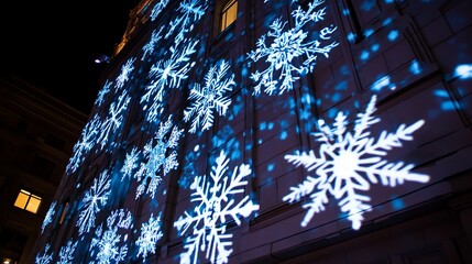 Snowflake patterns projected onto a building during a light show .