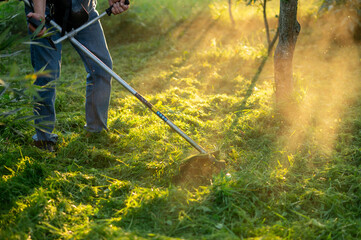 Man in jeans using grass trimmer for lawn care in backyard garden