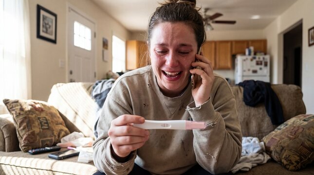 Happy Crying Woman Holding Positive Pregnancy Test on Phone Call at Home