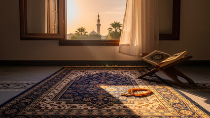 Prayer mat with Quran and prayer beads by window during Ramadan  