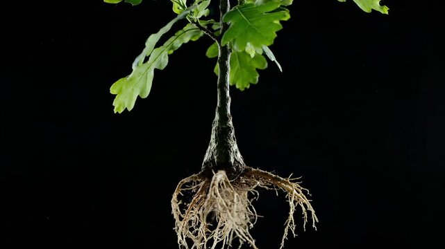 Oak sapling displays exposed roots and green leaves on black. Young tree shows complete root system below trunk. Oak with visible roots grows against dark. Sapling reveals roots and oak leaves.