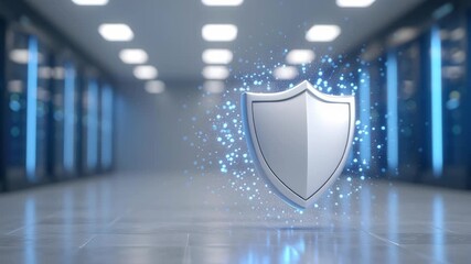 Glowing data security shield in server room protecting digital infrastructure and protection shield - Powered by Adobe