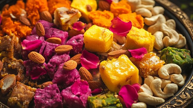 Tray of colorful mithai with almonds, cashews, and rose petals .