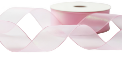 Pink sheer ribbon on spool with flowing curves fabric