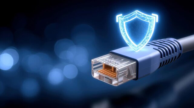 Secure blue ethernet cable glowing shield connector protecting data security network privacy