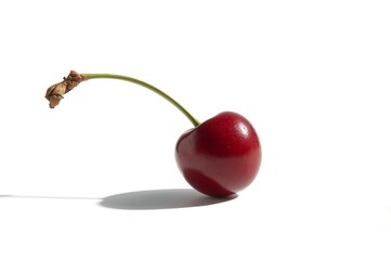 A single ripe cherry with stem on a white background