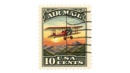 Red biplane flying over mountains at sunset air mail stamp