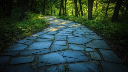 Winding stone path through lush green forest dappled sunlight