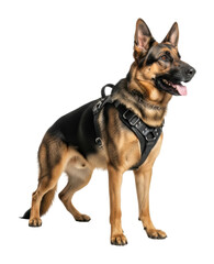Active german shepherd dog in harness park portrait isolated on transparent background