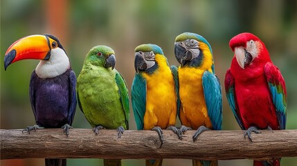 A vibrant display of tropical birds, including a toucan and colorful parrots, perched on a rustic wooden branch.