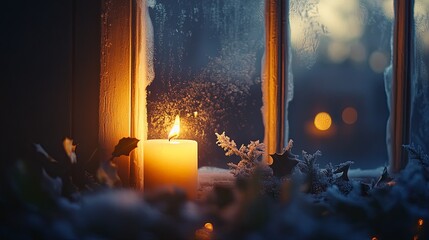 Candlelight shining through frosted windows, cozy holiday vibe .