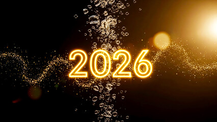 Golden 2026 Glowing with Water Bubbles and Sparkles