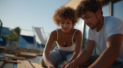 A couple installing modular balcony flooring tiles, measuring and fitting panels as part of a hands-on DIY renovation project in an urban apartment. cinematic color correction, natural uneven
