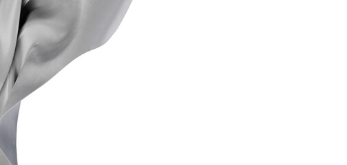 Close-up of soft silver fabric draped gracefully against a clean white background, showcasing...
