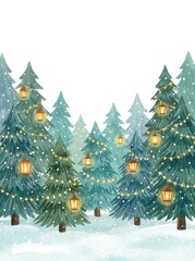Obraz premium Watercolor forest of evergreen trees decorated with string lights and lanterns pine spruce