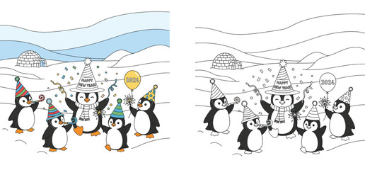 Fototapeta premium Cute cartoon penguins celebrating New Year 2024 party with sparklers and igloo, funny winter animals holding balloon in snow, vector illustration.
