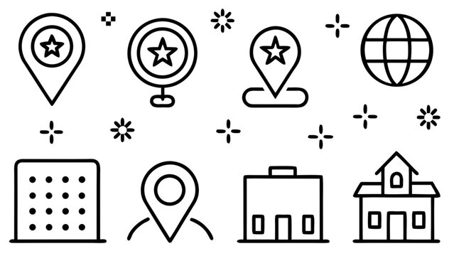 Illustration with location markers, a globe, buildings, and starbursts in a simple black outline