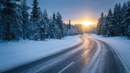 Obraz premium Winding Snowy Road Through a Winter Forest at Sunset trees