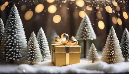 Charming Festive Scene With Miniature Snow Dusted Christmas Trees And A Beautifully Wrapped Golden Gift Perfect For Holiday Celebrations