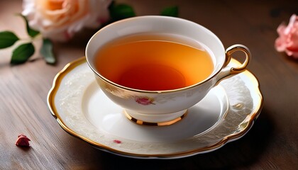 Delicate White Teacup Filled With Amber Hued Tea Resting On A Matching Saucer