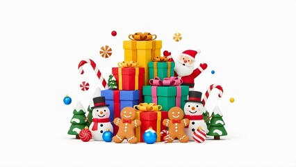 Naklejka premium Vibrant Christmas scene with Santa, snowmen, gifts, and festive decorations