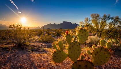Sunlit Prickly Pear Cactus In The Sonoran Desert