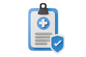 Obraz premium 3d medical clipboard shield icon. data security concept. minimal cartoon patient record verification protection for health app ui. isolated on white transparent background. 3d render.