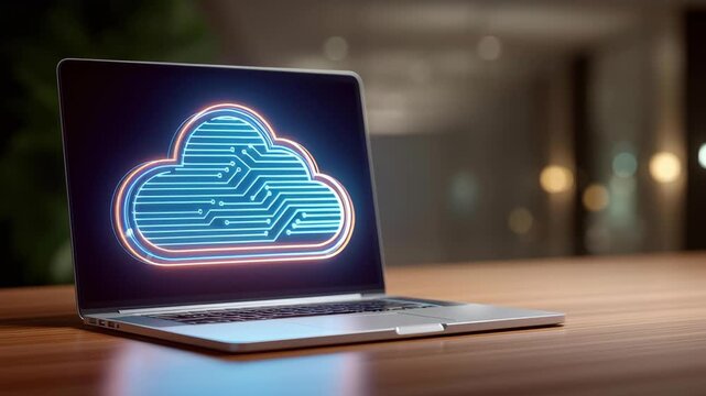 Neon cloud circuit technology on laptop screen showing cloud storage and data security concepts