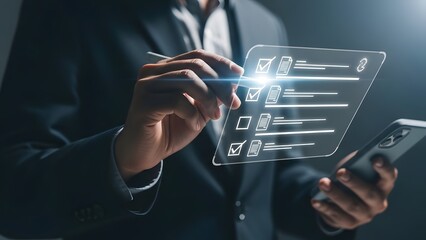 Businessman interacting with futuristic digital interface on transparent screen