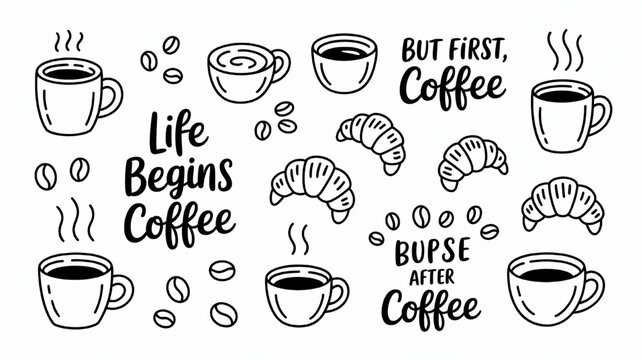 Hand-drawn coffee cups and croissants with motivational quotes doodle illustration for cafe menus and morning inspiration isolated on white