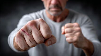 A seasoned man displays his resilience with clenched fists, revealing a scar that tells a story of past struggles