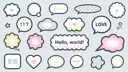 Colorful speech bubbles hearts and various communication icons on a white background