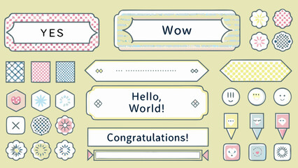 Colorful pixel art speech bubbles and decorative elements on a pastel background