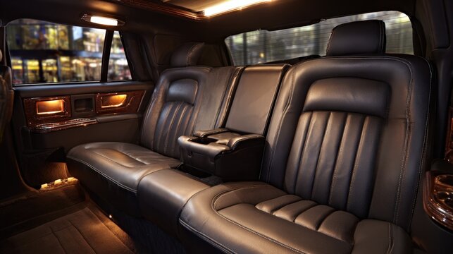 Luxurious limousine interior showcasing supple leather seats with detailed stitching and ambient lighting for premium passenger comfort.