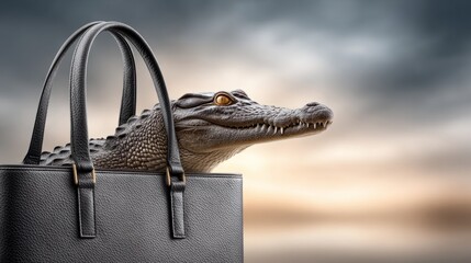 A crocodile curiously surveys its surroundings from a stylish handbag, set against a stunning twilight backdrop