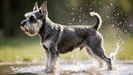  Wet Miniature Schnauzer standing in puddle.