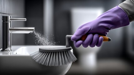 A hand in a purple glove scrubs a toilet, highlighting a commitment to cleanliness in a modern bathroom
