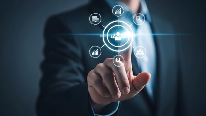 Businessman interacting with futuristic digital interface and icons