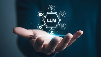 A futuristic hand holding a glowing llm digital network interface symbol