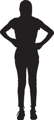 vector,front view of a silhouette of a woman standing with casual clothes with her head covered, arms akimbo