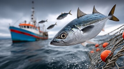 Fishermen actively engaging with the sea as fish leap above the waves near a colorful fishing vessel